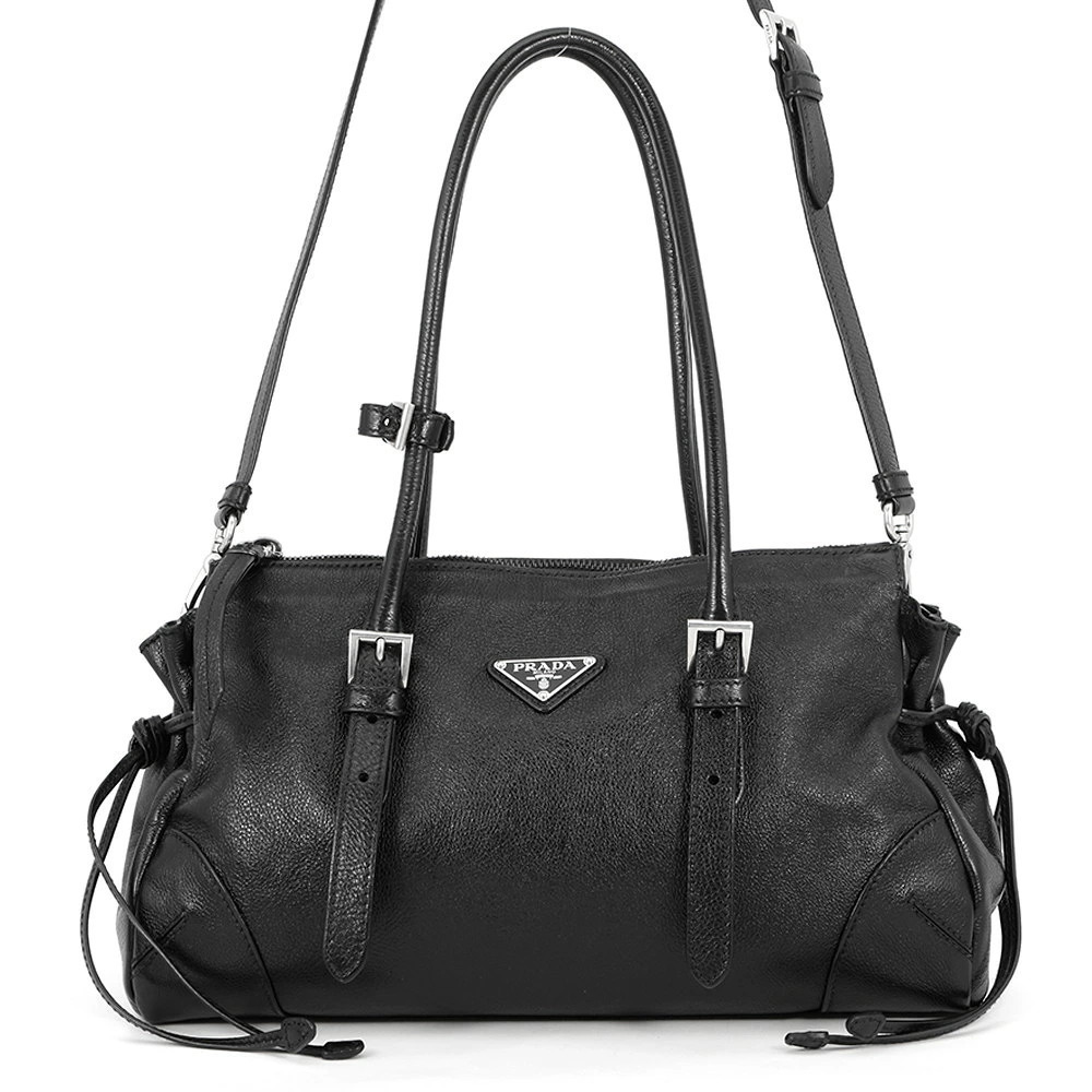 Prada Bonnie Tote Bag Triangle Leather Shoulder Black